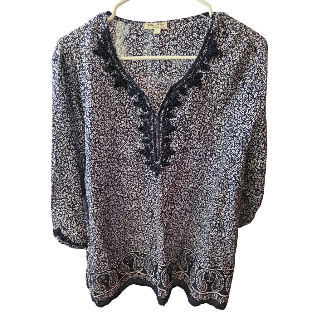 Anne Carson Blouse 2x Womens Plus Size 3/4 Sleeve V Neck Blue White Floral